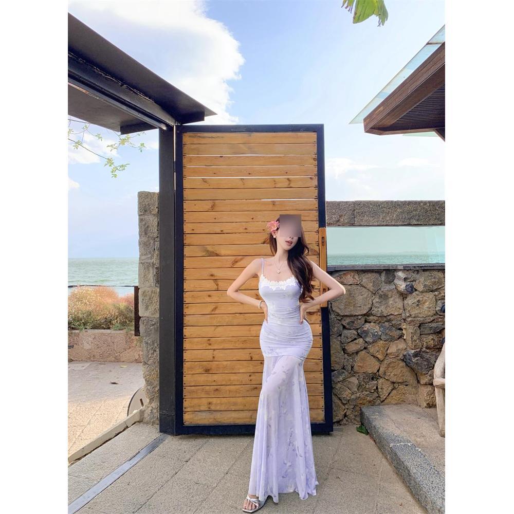 Blue Lace Mesh Suspender Dress Women's Summer Seaside Vacation Beautiful Beautiful Fishtail Hip Dress