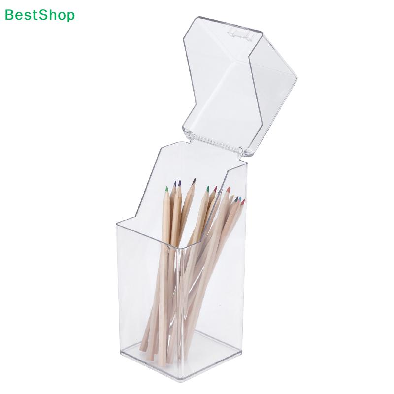 Flip-top Acrylic Pen Holder - Transparent Square Desktop Small Item Organizer, Mirror Cabinet Makeup Brush Storage Box