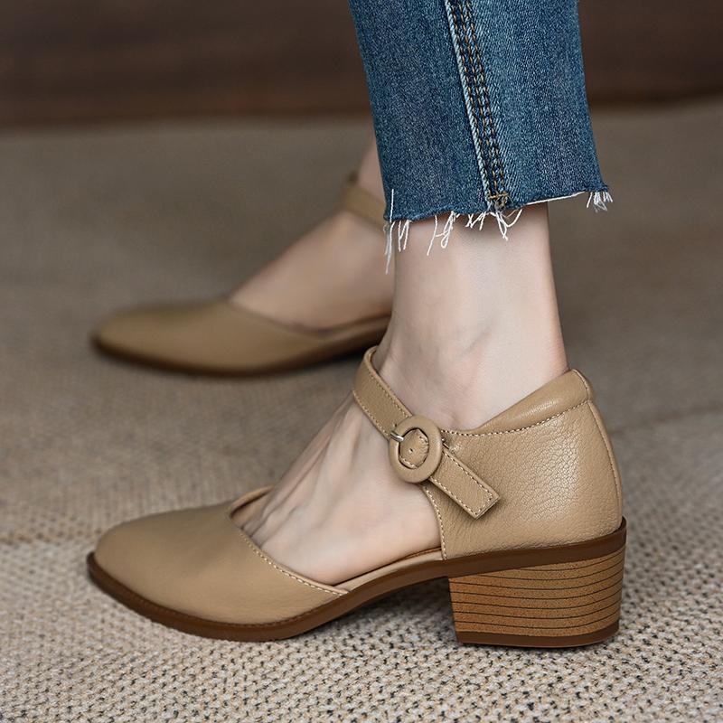 

Mr. M summer 2025 medium heel bag head sandals women s French pointed soft leather thick heel one word with hollow single shoes 40 абрикосовый