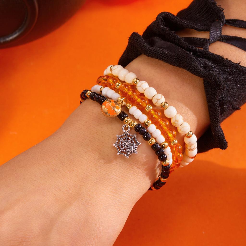 2Pcs/Set Halloween Pumpkin Spider Bracelets For Women Men Cute Cat Bat Ghost Couple Bangles Crystal Beads Bracelets Jewelry Gift