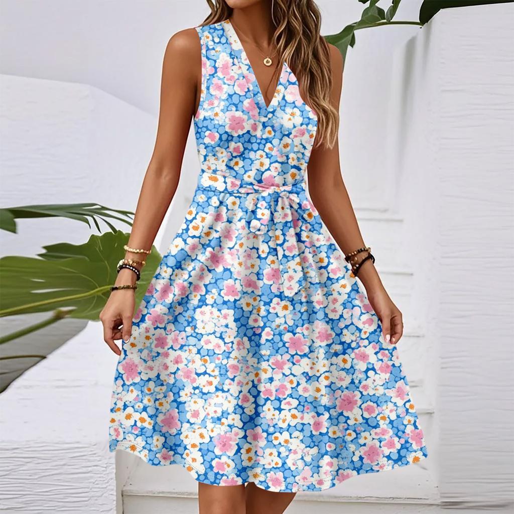 Women's Spring And Summer Casual V-Neck Sleeveless Waist Floral Print Midi Dress