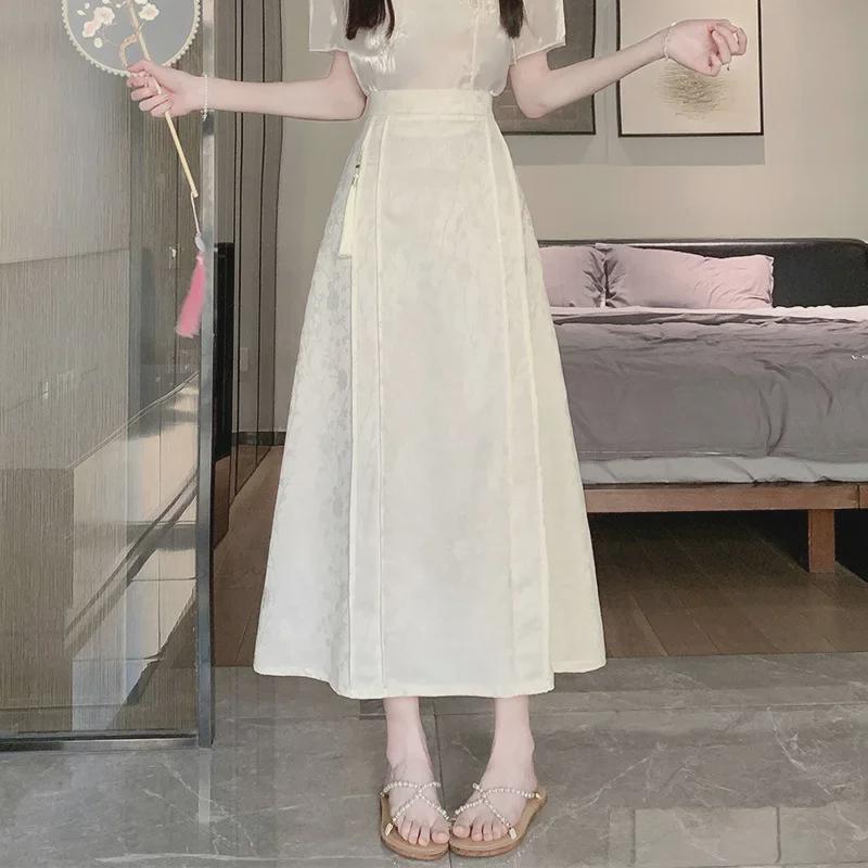 2024 Summer New Chinese Style High-Waist Retro Jacquard A-Line Skirt