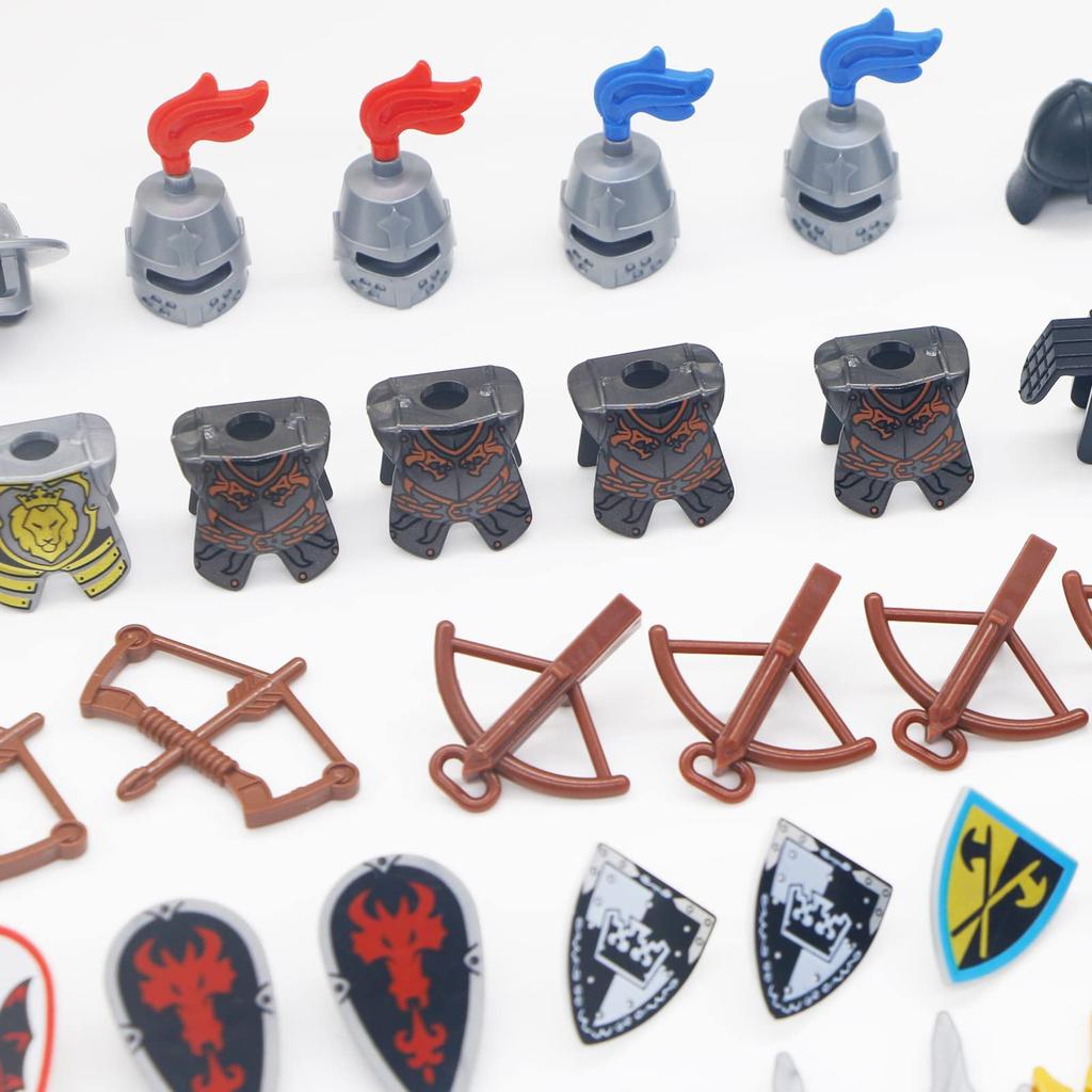 Mittelalterlicher Ritter Waffen Teile Set - Rüstung, Schwert, Helm, Pferd, Schild, Artilleriewagen - Bausteine Burg Figur Zubehör Set