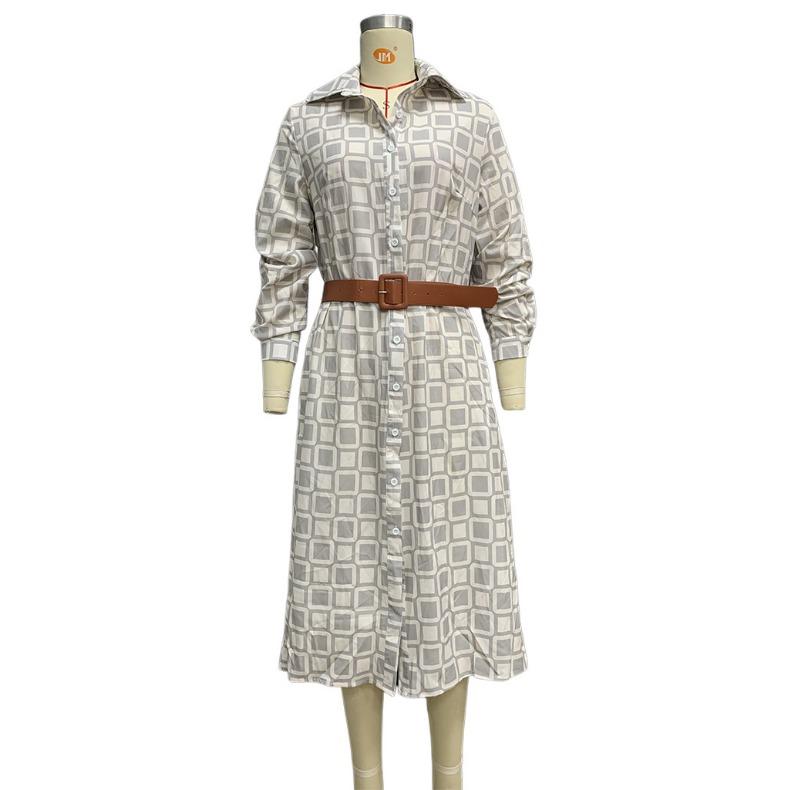 GMXIA Women's Fashion Spring Autumn Solid Color Print Long Sleeve POLO Neck High Waist Casual Dresses