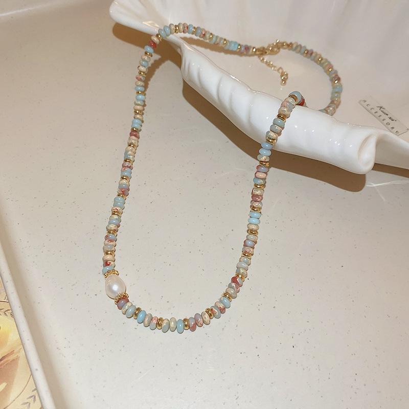 Summer dopamine stained glass crystal beaded necklace collarbone chain design sense niche item decoration