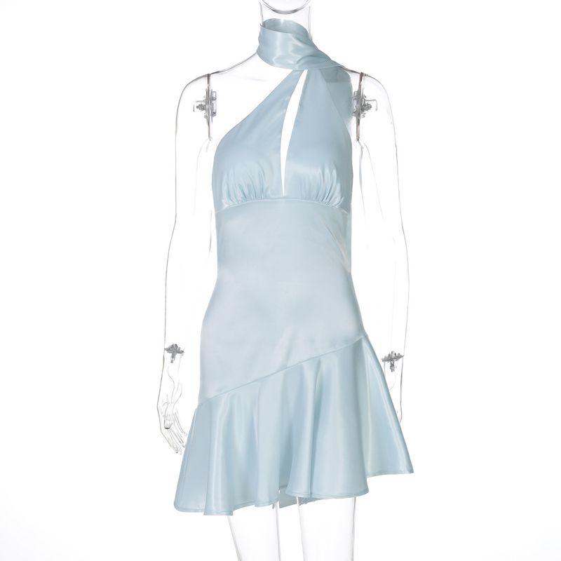 

Hollow out Endless Hanging Neck Satin Dress Hollow Backless Streamer Dress Light blue L