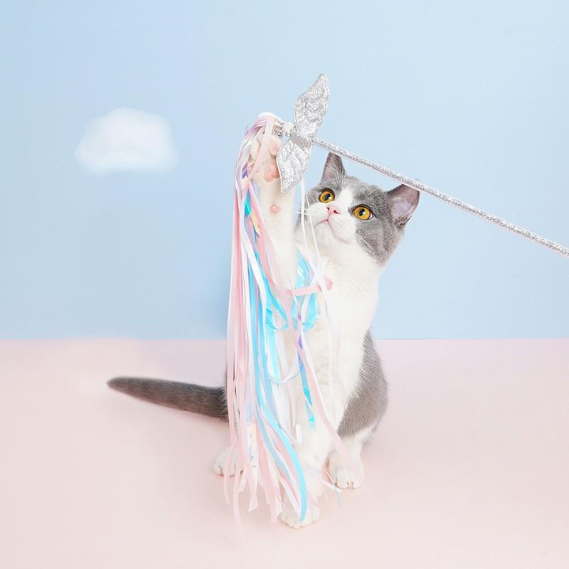 Cat Wand Toy With Feather Bell Interactive Play Durable Plastic Teaser Stick Boredom Relief Dental Care