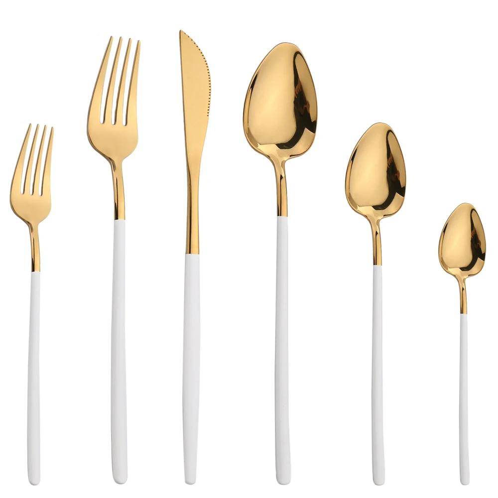 6Pcs Dinnerware Set Stainless Steel Gold Tableware Knife Fork Dessert Spoon Cutlery Set Western Kitchen Flatware Silverware