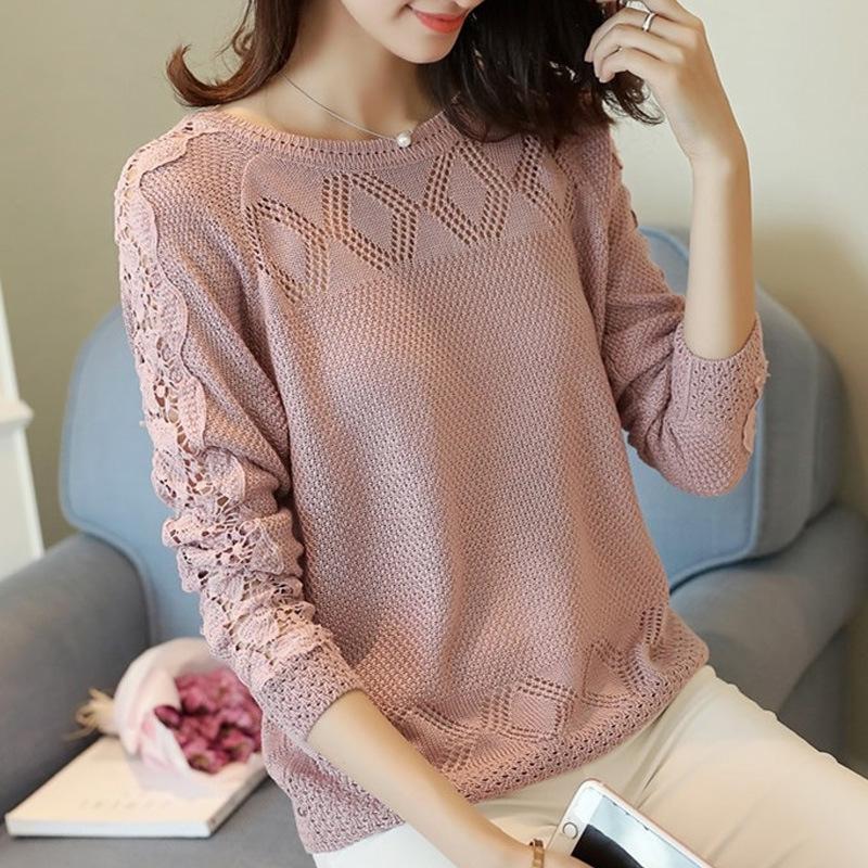 

Круглый вырез горловины ажурный трикотажный пуловер женский однотонный свитер с длинными рукавами свободный повседневный стиль Харадзюку весна осень one size розовый