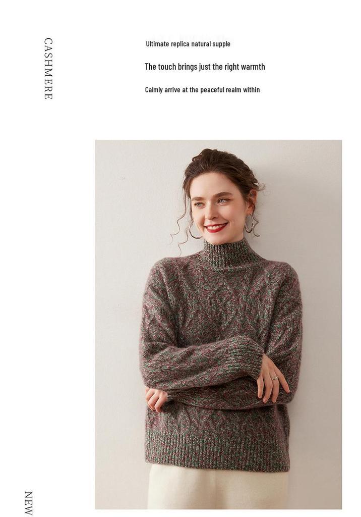 Elegant Goddess Floral Cashmere Sweater - 2025 Autumn/Winter Women's Half-High Neck, Diamond Pattern Knit