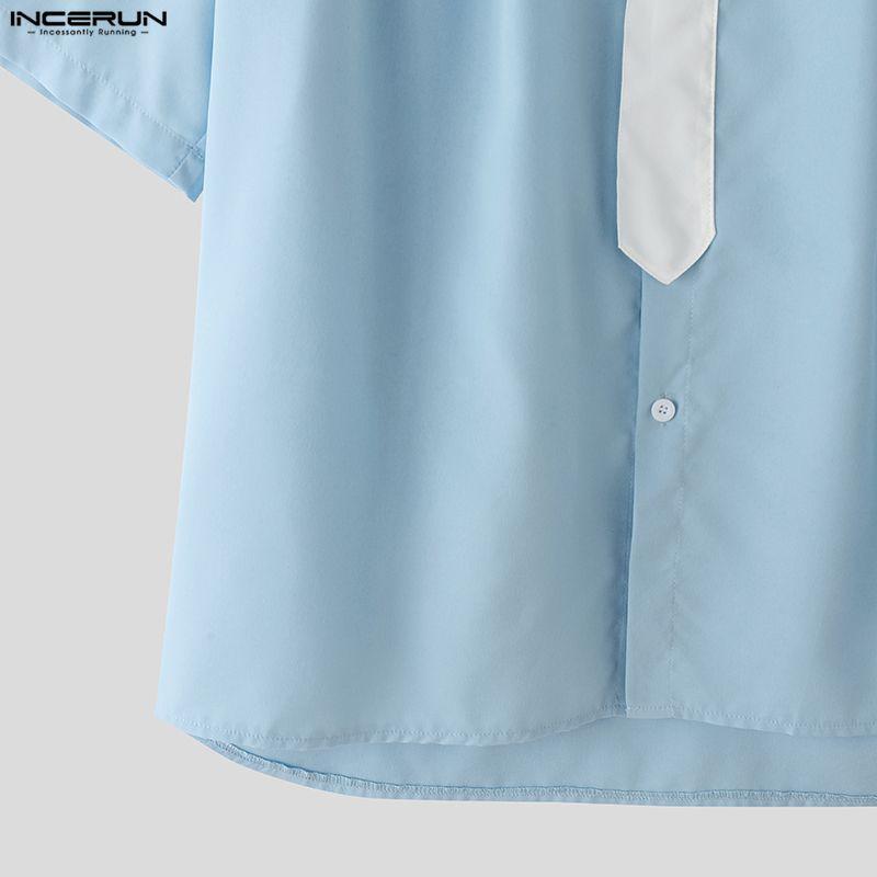 INCERUN Oversized Men Lapel Neck Short Sleeve Stitching Casual Loose Shirts