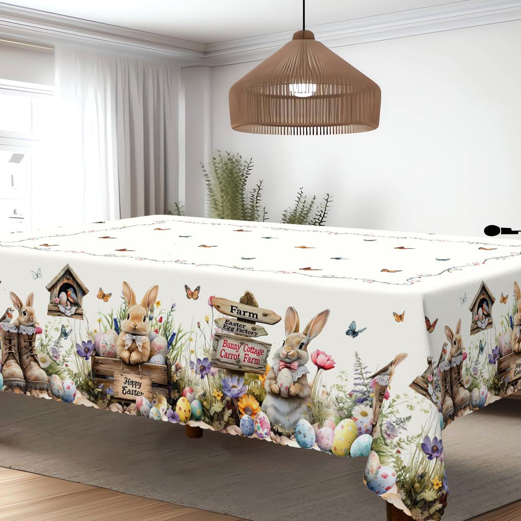 1pc Easter Bunny & Egg Tablecloth, Wrinkle-Resistant, Machine Washable, Scalloped Edge, Animal Print, Rectangle for Home, Picnic