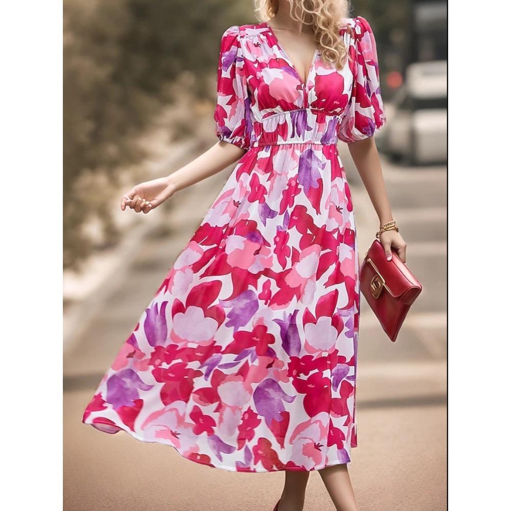 Women's Floral Print V Neck Maxi Dress Casual Loose Elastic Waist A Line Midi Dress