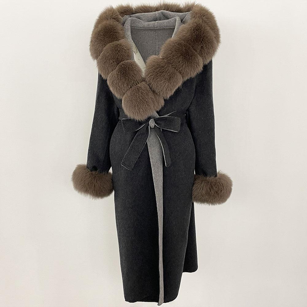 OFTBUY Autumn Winter Women Coat Real Natural Fox Fur Collar Hooded Double-faced Woolen Blends Jacket Thick Warm Casual Overwears