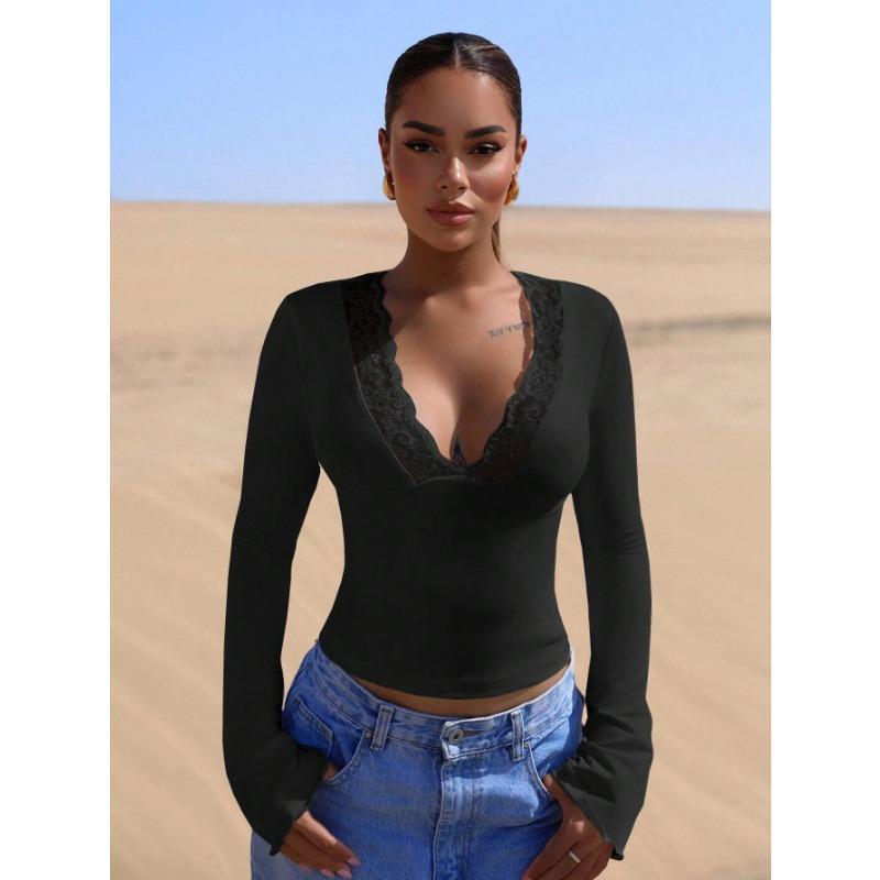 

Женская футболка с V-образным вырезом и кружевом, сексуальная, горячая, с длинным рукавом, тонкая XXL чёрный