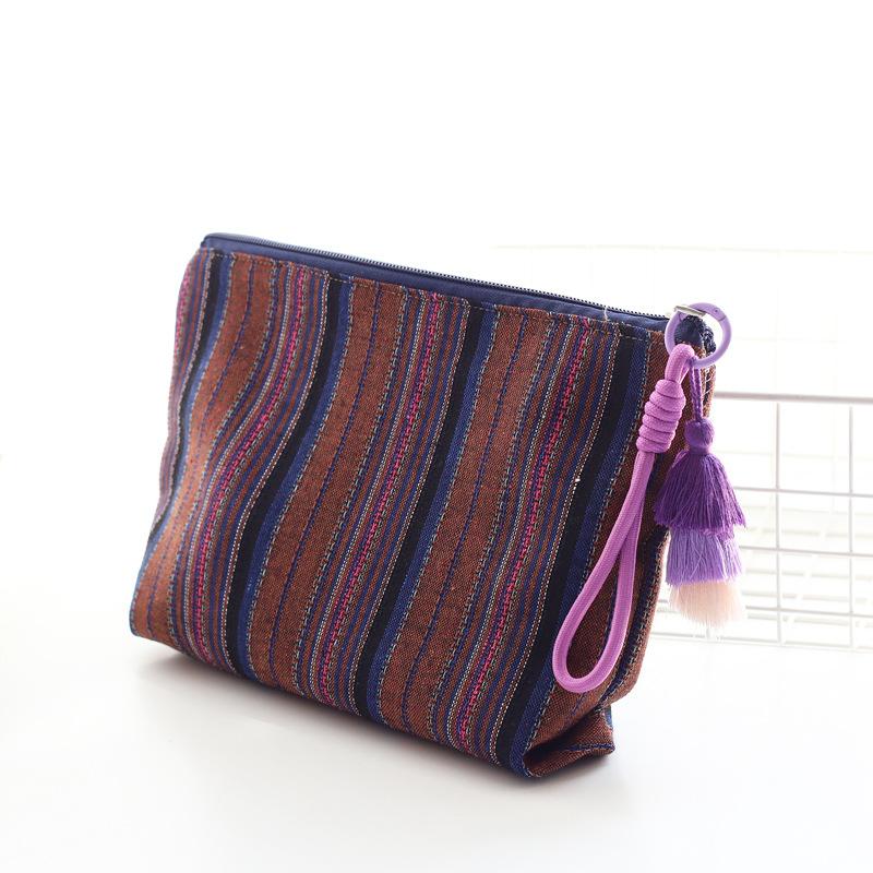Ethnic Style Striped Makeup Bag with Tassel & Zipper - Compact Travel Storage Pouch for Women, Portable for Handbag & Phone