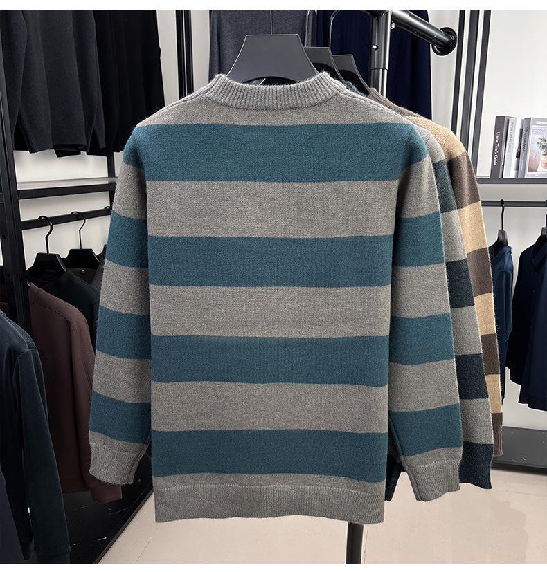 Men's Winter Striped Jacquard Crew Neck Long Sleeve Casual Knit Sweater