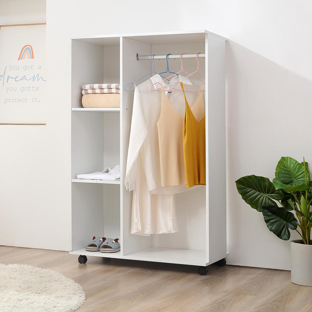 Open Wardrobe On Wheels Bedroom Wardrobe With Clothes Hanging Rail 3 Storage Shelves Mobile Garment Rack For Cloakroom Hallway White