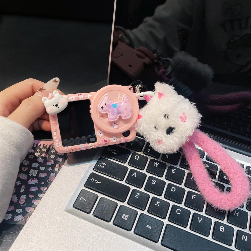 Powder Lattice Dog Cartoon Protective Case for DJI Action 6/5 Pro - Drop-Proof Figurine Lanyard Shell