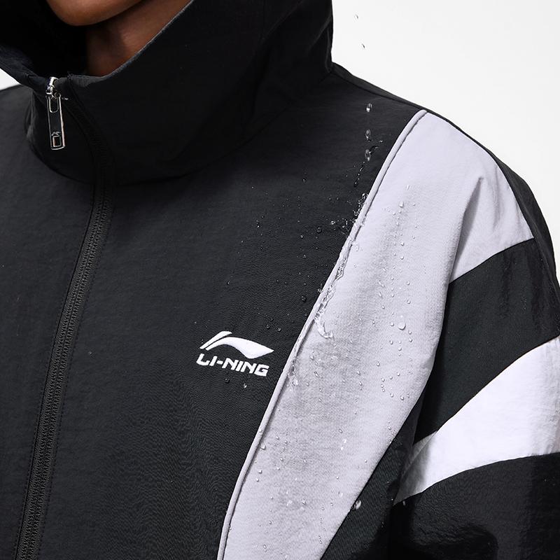 Li Ning Sports Lifestyle Series Windproof Water-Repellent Loose-Fit Hooded Embroidered Zipper Fashion Windbreaker Men Outerwear Black AFDU033-4