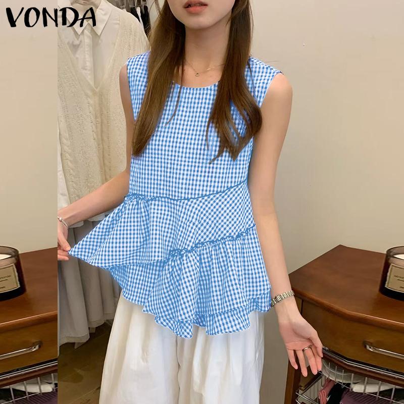 

VONDA Summer Women Sleeveless Irregular Ruffled Hem Plaid Casual Tank Tops 3XL синий
