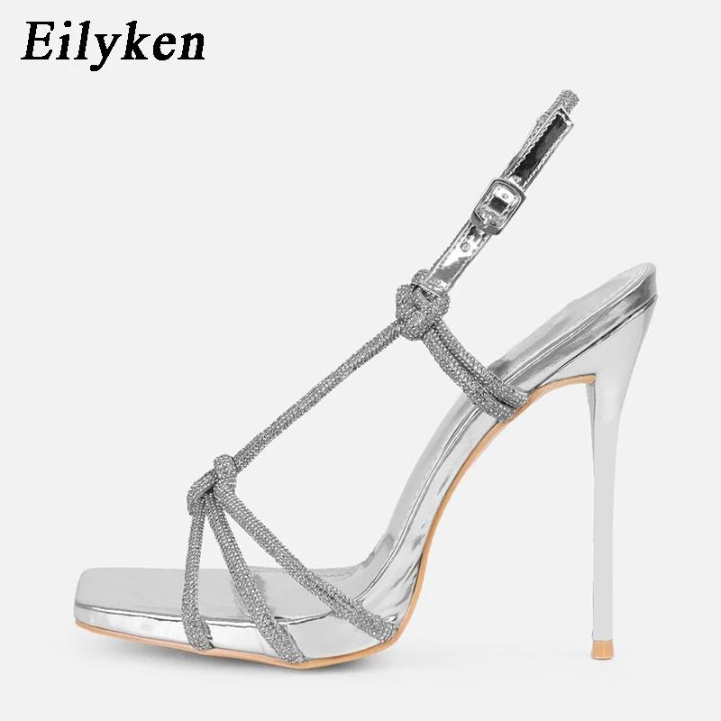 Silver Bling Rhinestone Crystal Women Sandals Sexy Open Toe Buckle Strap Thin Heels Dress Party Shoes Zapato De Mujer