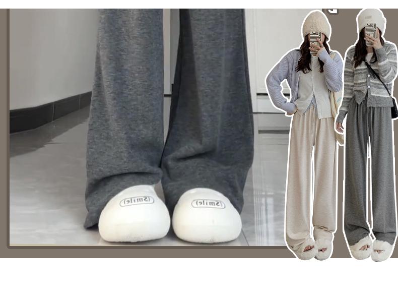 Women's Dark Gray Soft Wide-Leg Glutinous Rice Pants - Spring/Autumn Plus Velvet Warm Casual Petite Long Pants.