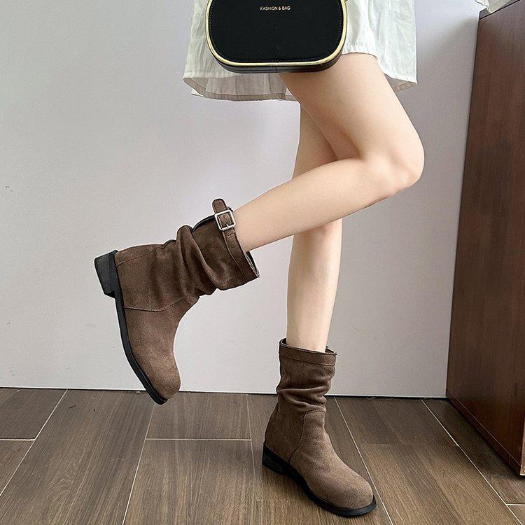 

[youshilai] Flat-bottomed short boots for women 2025 new autumn and winter stacking boots round head sleeve medium boots for women 40