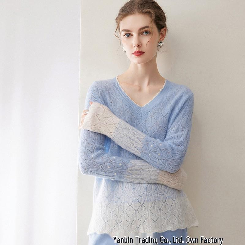 Women's V-Neck Cashmere Lurex Lace Knitwear - Autumn Winter Color Block Design