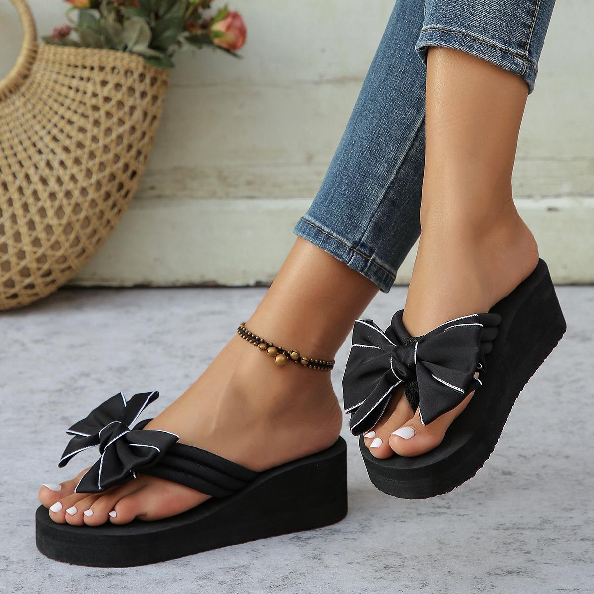 

Large size summer new round head wedge heel fashion bow casual wear herringbone cool slippers women 36 чорний