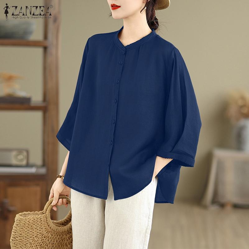 ZANZEA Women Casual Round Neck Solid Color Loose 3/4 Sleeve Blouse