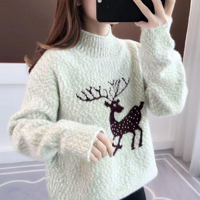 

Женский рождественский свитер с полуводолазкой и принтом снежинок, новогодний подарок S синий