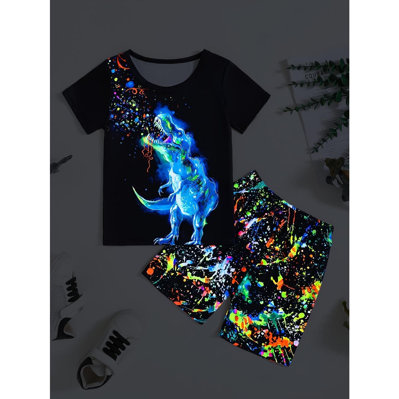 

2pcs Boys Casual Luminous Colorful Splash Print Comfortable Versatile Short Sleeve Shorts Set 13-14Y