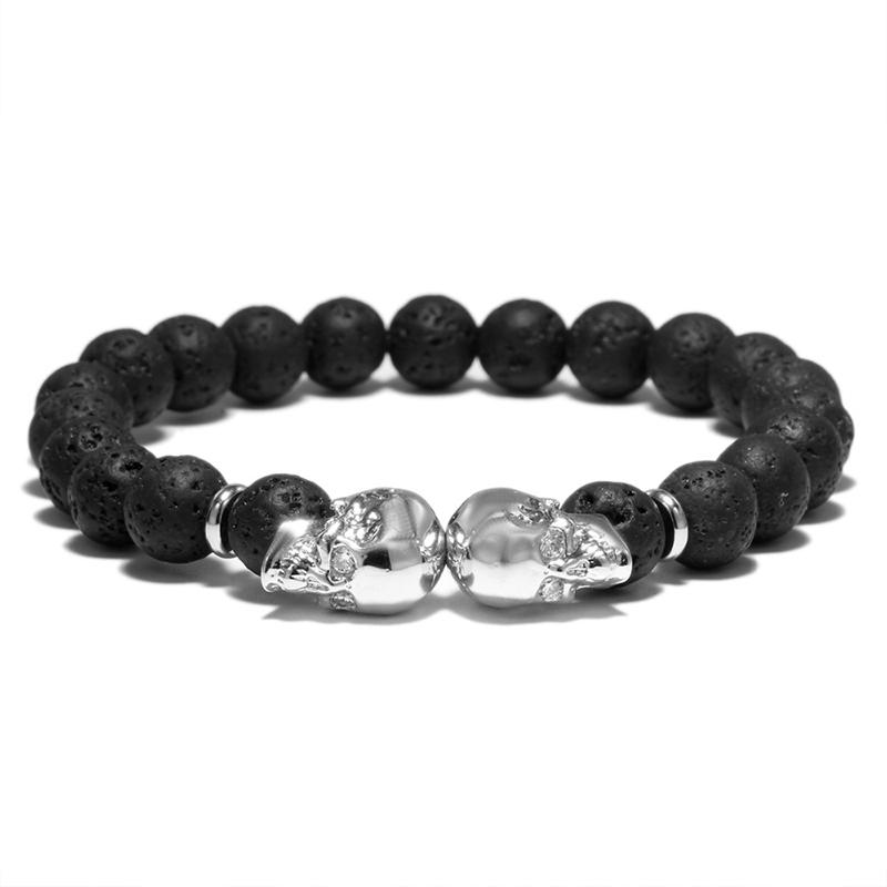 Punk Double Skull Head Design Beads Bracelet 4 Color Natural Stone Beaded Lava Braclet For Men Biker Wristband Jewelry Homme