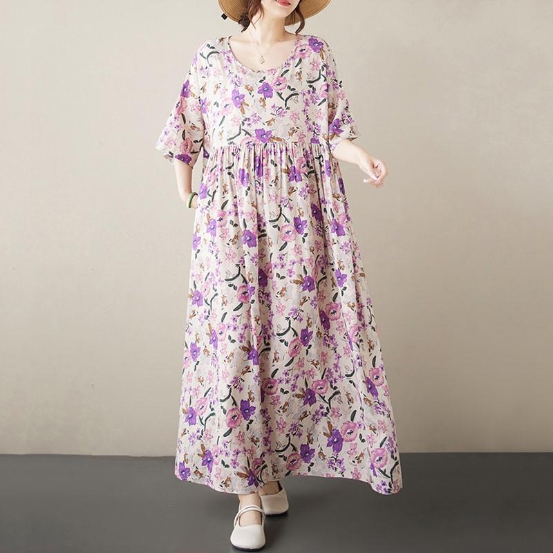 Krátký rukáv Velké bavlněné vintage květinové nové šaty pro ženy ležérní volné dlouhé letní šaty