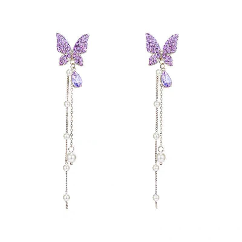 Purple Butterfly Tassel Earrings - S925 Silver Needle Retro Design