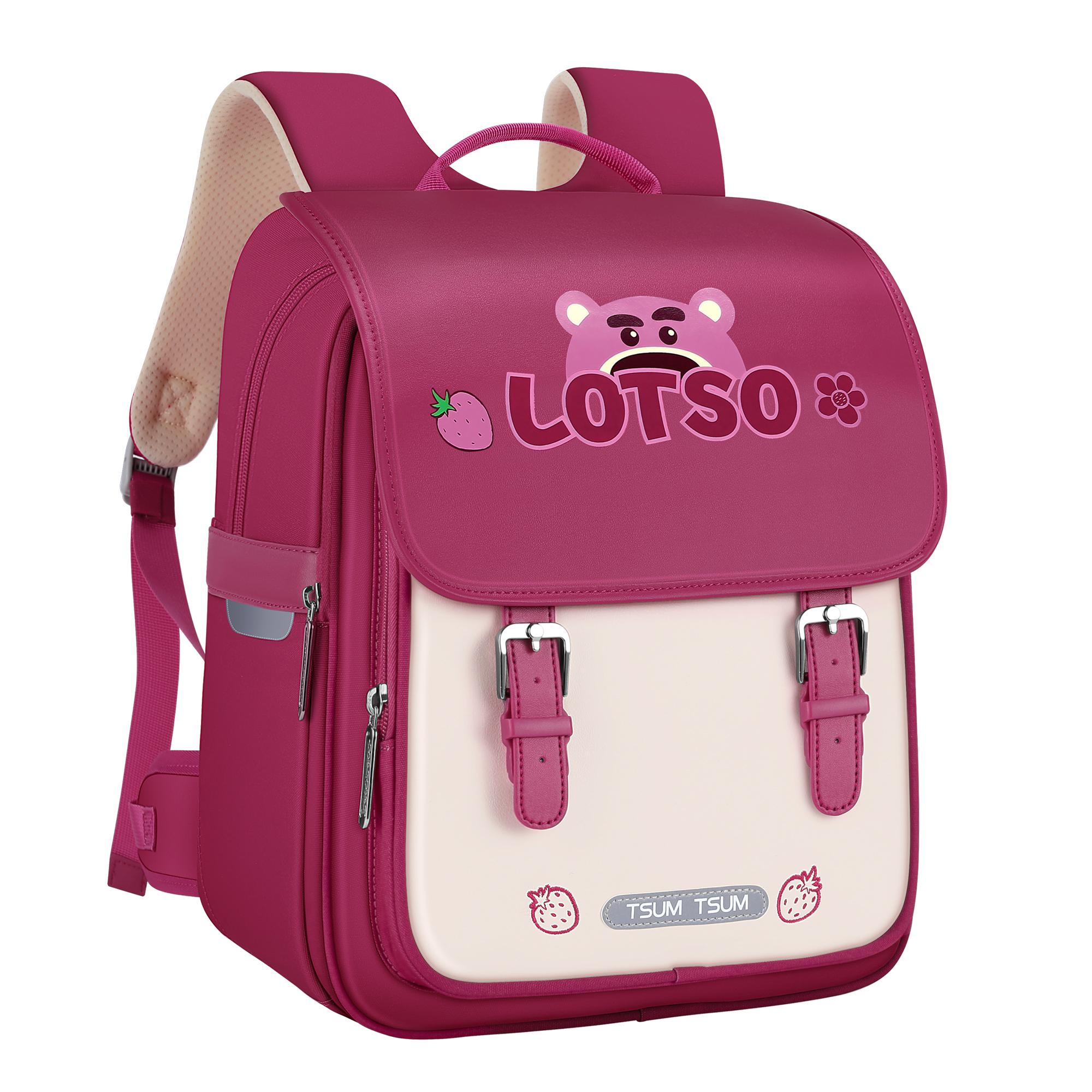 

New Disney Strawberry Bear Series Oxford Patchwork PU Student Bag Regular Women s Rose Red ST80306 31.0*20.1*37.1CM