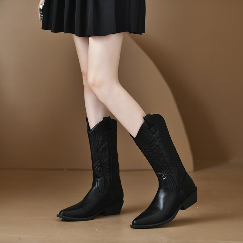 Black Chunky Heel Mid Calf Riding Boots for Women 2025 Winter Female Shoes Women's Pionted Toe Boots Fashion Ladies Cowboy Boots