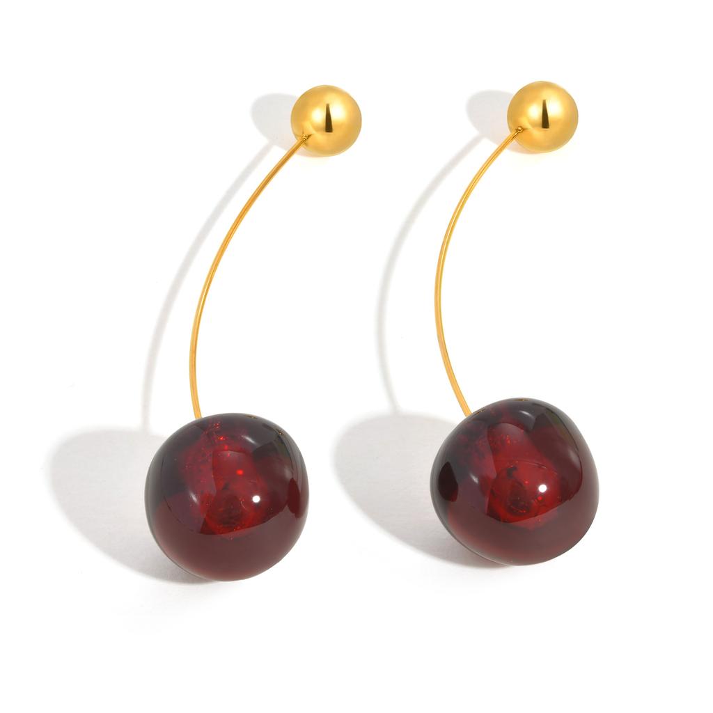 Orecchini Pendenti Unici in Ciliegio Rosso Massiccio da Donna, Orecchini con Pendente Frutta in Acciaio Inossidabile Placcato Oro, Gioielli Trendy da Festa