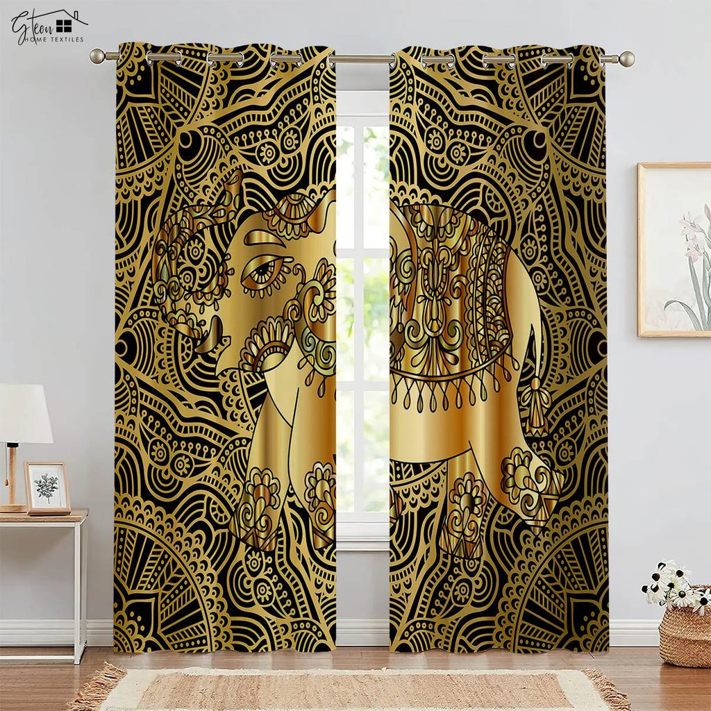 Elephant Pattern 3D Printed Curtains Nordic Style Live Background Homestay Bedroom Living Room Fortune Decoration Curtains 2PCS