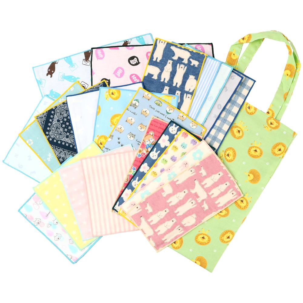 

Детские носовые платки в ассортименте с бонусной сумкой-тоут, сделанные из марли, набор «Зеленый микс» [кластер] 22 штуки, сумка, Япония, 100% хлопок, носовые платки/Лев