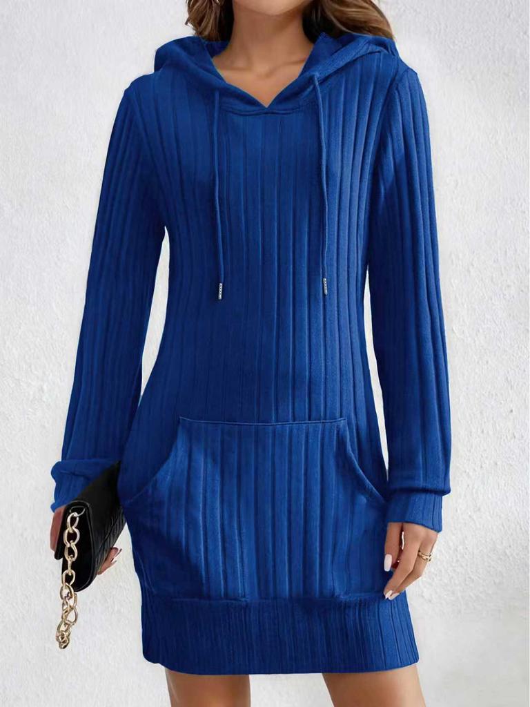 2025 Autumn/Winter Knit Hooded Ribbed Pocket Long Sleeve Dress for Women