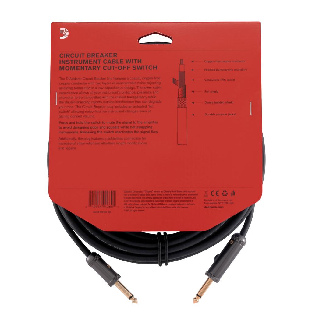 D'Addario Custom Series Circuit Breaker Cable (Guitar Cable) with Momentary Mute Switch, PW-AG-30 (9.1m S-S)