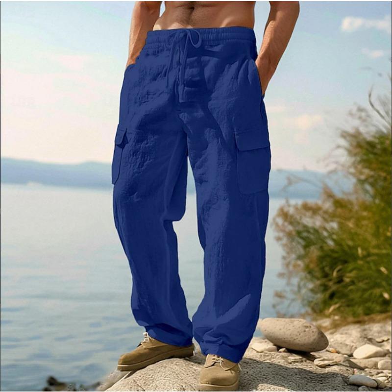 New Style Men's Cotton and Linen Four-season Thin Breathable Workwear Multi-pocket Loose Casual Trendy Wide-leg Pants