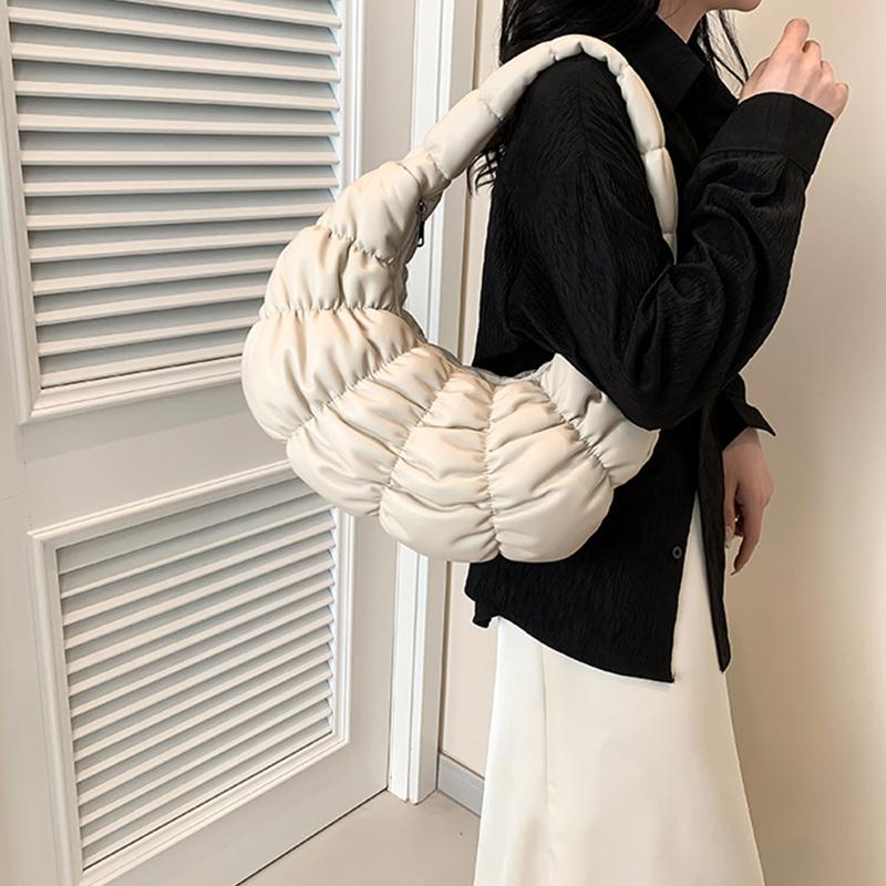 Quilted Padded Crossbody Bag for Women Ruched Shoulder Cloud Bag PU Leather Half Moon Hobo Bag Bubbles Handbag Purses AVE