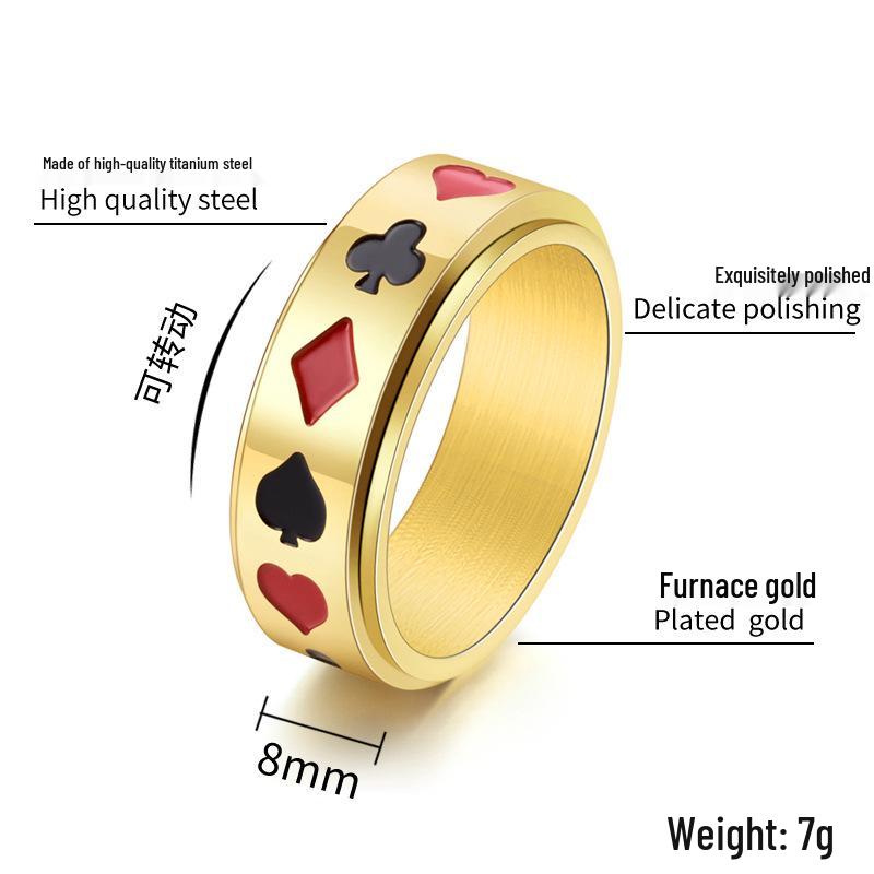 Men's Creative Poker Card Rotatable Titanium Steel Ring - Black Red Club Diamond Design