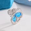 Creative Butterfly Sea Blue Color Zircon Open Ring Women's Temperament 925 Silver Plated Wedding Party Birthday Jewelry Gift