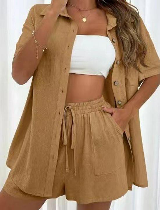 Women's Solid Color Short Sleeve Casual Shirt & Shorts Set - Loose & Stylish Two-Piece