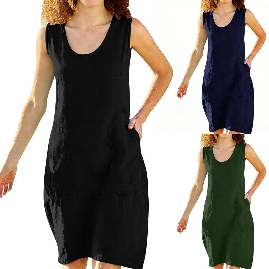 Damen Farb Ärmellos Slim Fit Modisches Langes Kleid