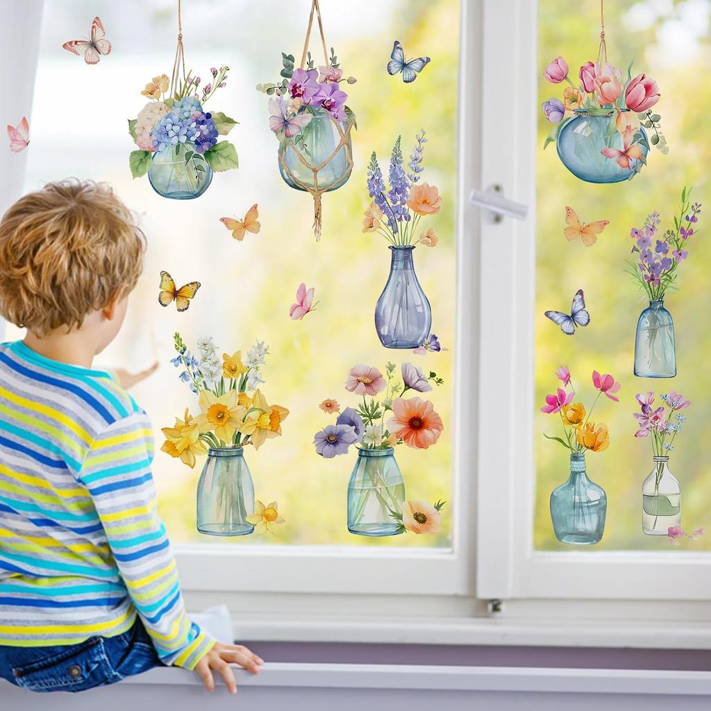 Yovkky Spring Summer Flowers Window Clings 4 Sheets, Potted Plant Floral in Jar Butterfly Stickers Decals Decor, Bonsai Vase Seasonal Home Kitchen